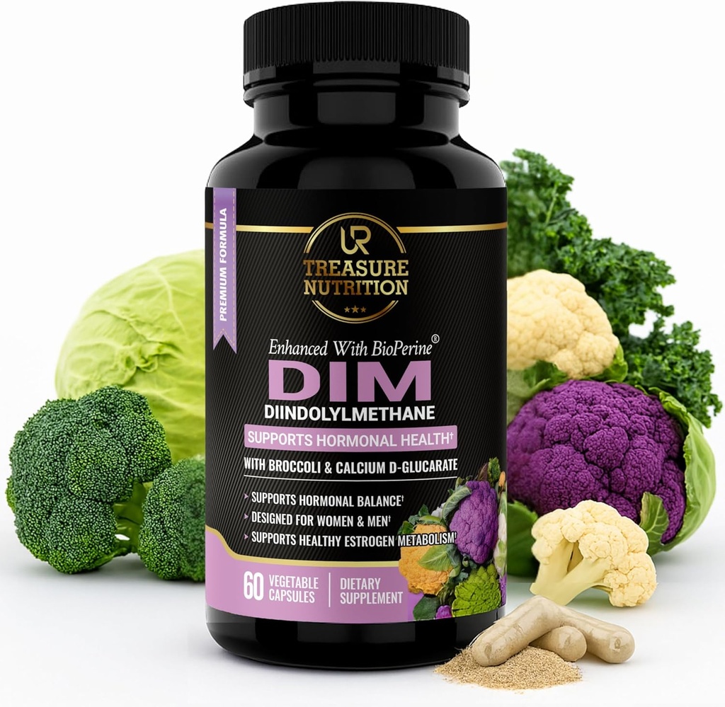 DIM Supplement med Broccoli Extract og BioPerine - Naturlig hormonbalanse støtte for kvinner og menn - Estrogen Balance - Menopause, Acne - 60 vegetariske kapsler med kalsium D-Glucarate