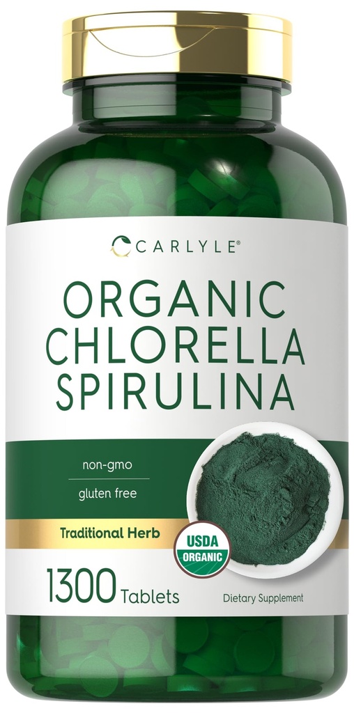 Carlyle organiske klorella spirulina tabletter | 1300 greve | 50/50 blanding | Ikke-GMO og glutenfri kosttilskudd