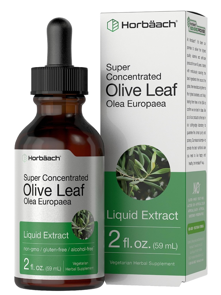 Horbäach Olive Leaf ekstrakt flytende | 2 fl oz | Super styrke | alkohol gratis, vegetarisk, ikke-GMO, Glutenfri