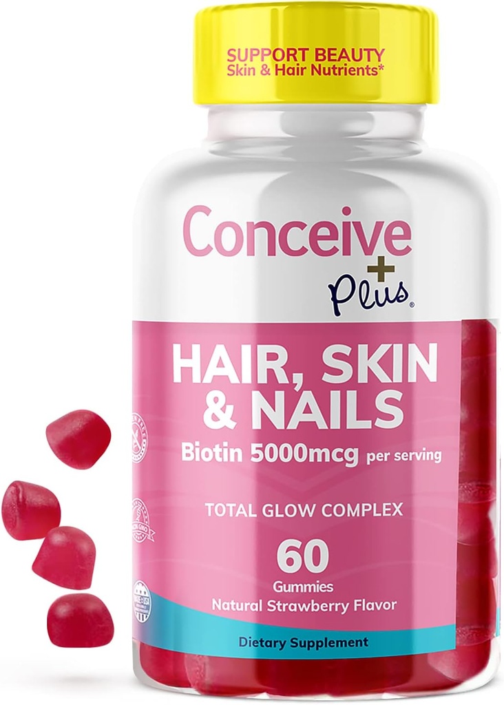 CONCEIVE PLUS Hår Hud & negler Gummies - Extra-styrke Biotin, VIT A, C, D3, E vitaminer - Vegan, hårvekst Supplement - Gelatin-fri - 60 Count