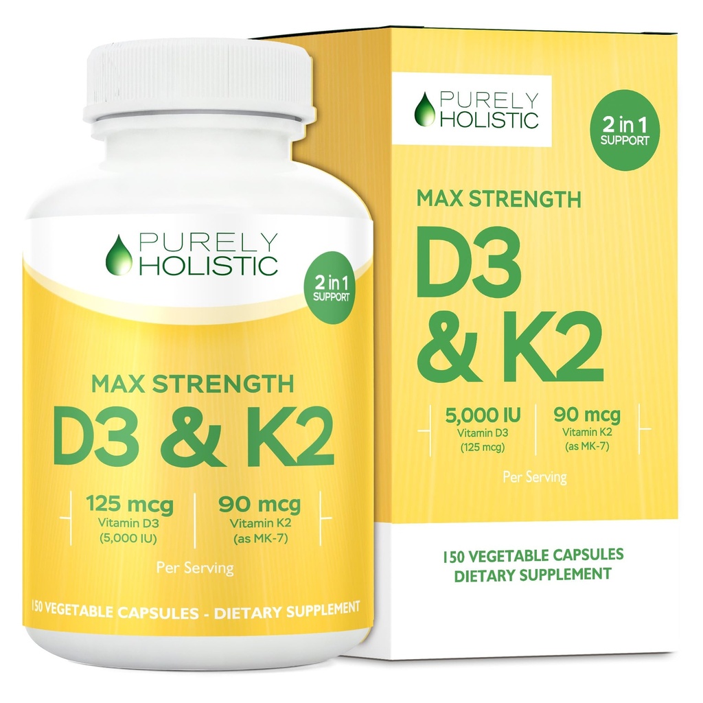 Rent holistisk vitamin D3 125mcg og vitamin K2 90mcg MK7-4 måneds forsyning 150 vegetariske kapsler - vitamin D3 & K2 Menaqunione - høy styrke kolekalciferol laget i USA