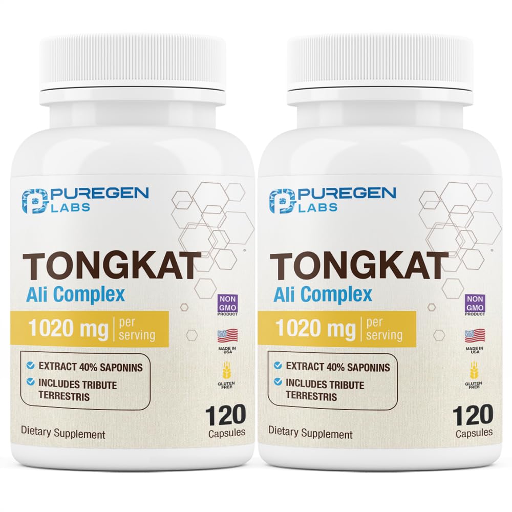 Puregen Labs Tongkat Ali Extract 200 til 1 for menn, 1020mg per servering, [høy styrke] Totalt 240 kapsler - Helse støtte for menn med 20mg Tribulus Terrestris ikke-GMO, Glutenfri, laget i USA