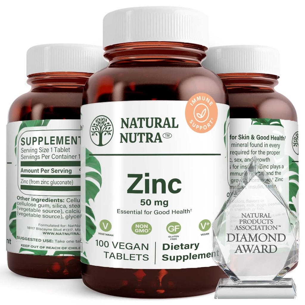 Naturlig Nutra Zinc gluconate 50mg Supplement for immunstøtte, fremmer hud helse, gir ease fra influensa & kaldt, øke læring og minne, forbedre smak og lukt, Glutenfri 50mg 100 Vegan tabletter