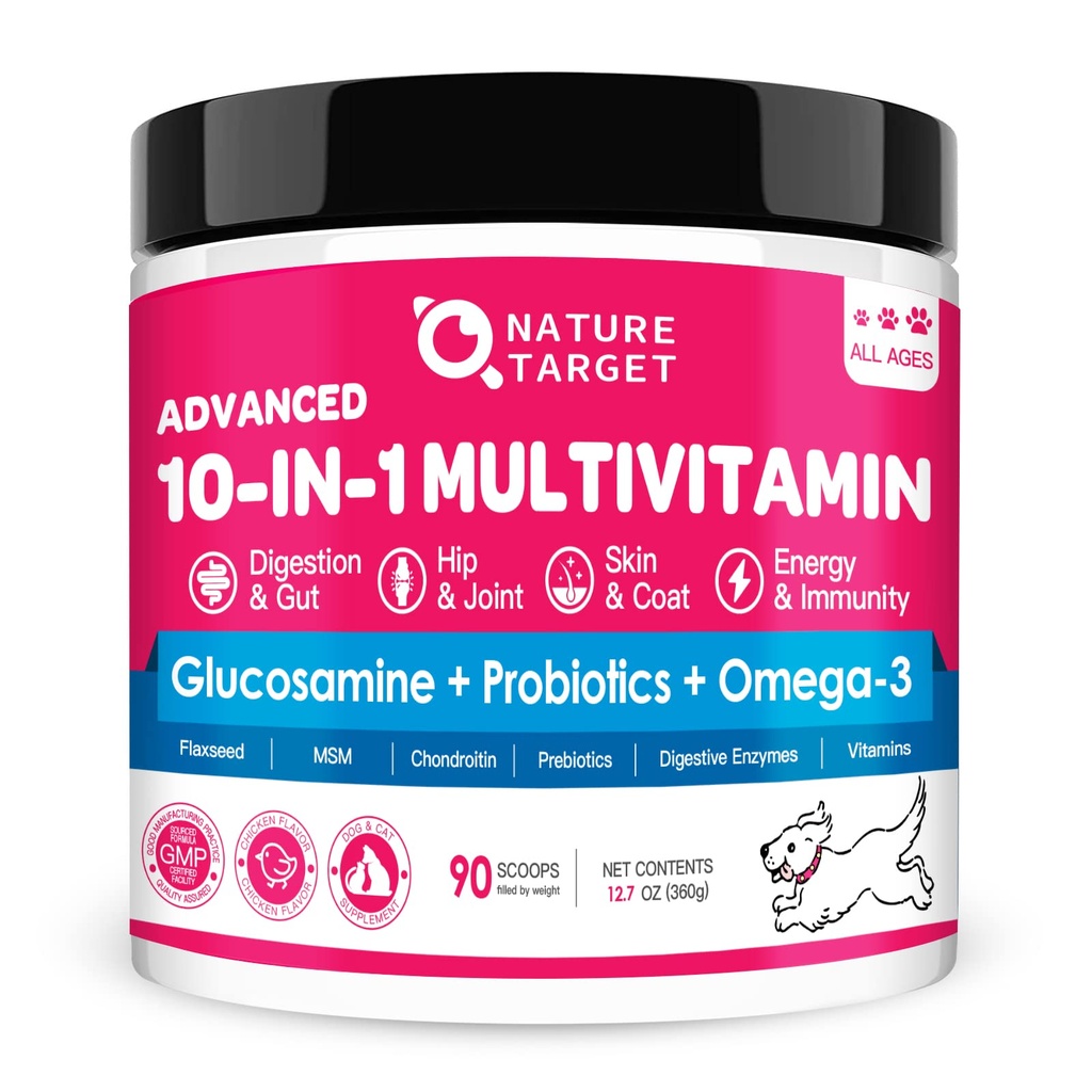NATURE TARGET Dog vitaminer pulver, probiotika og digestive enzymer for Gut Helse, Glukosamin & Chondroitin & Omega 3, Komplett kosttilskudd for hjemmelaget hundemat, Joint & Skin & Immune Support