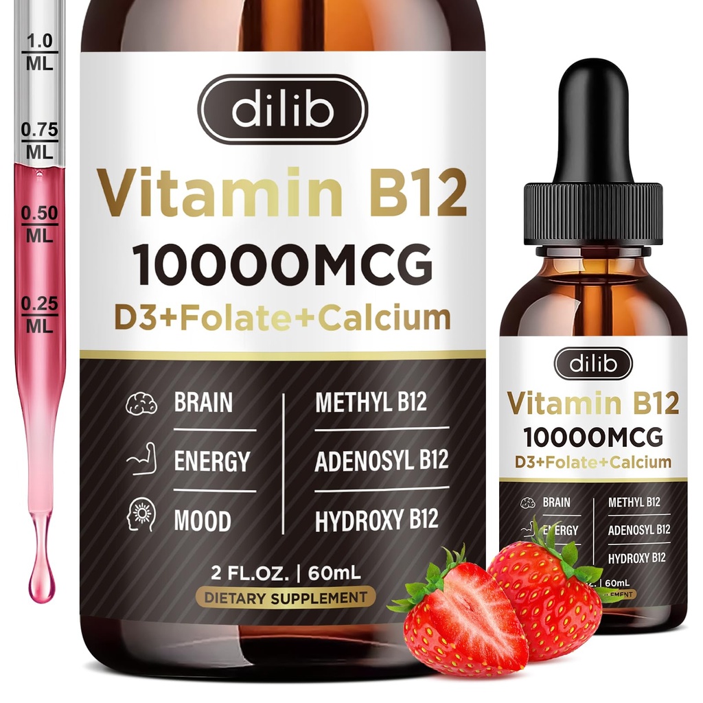 Vitamin B12 Fluid Drops Sublingual 10000 mhg, Triple B-12 Complex Supplement, Metyl & Metylcobalamin blanding for kvinner og menn, Mood & Energy Booster, Methylated B 12 for metabolisme og helse støtte