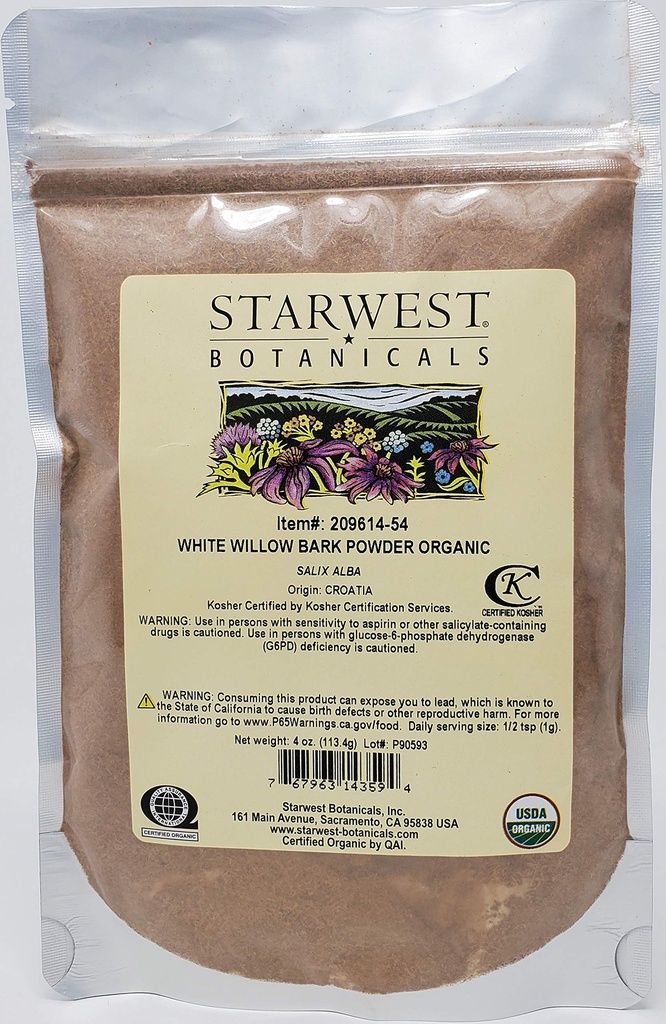 Starwest Botanicals Organic White Willow Bark pulver, 4 ovner