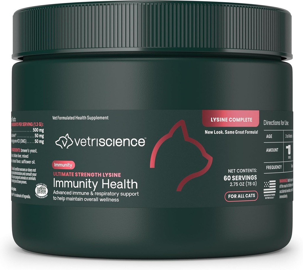 VetriScience Ultimate Styrke Lysin immunitet Helse pulver for katter & katter, Supplement for Allergi & Nasal støtte, Sneezing, Runny Nese & Vannige øyne, Kylling & Cheese Flavor, 60 greve - Nytt utseende