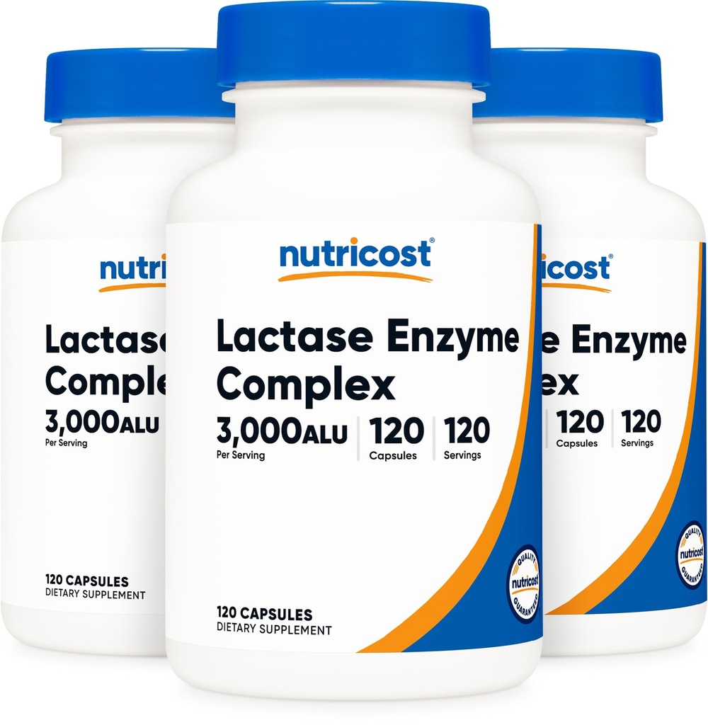 Nutricost Lactase Enzyme Complex 3.000 FCC ALU, 120 Veggie Capsules - Ikke-GMO, Glutenfri, 120 Services (3 flasker)