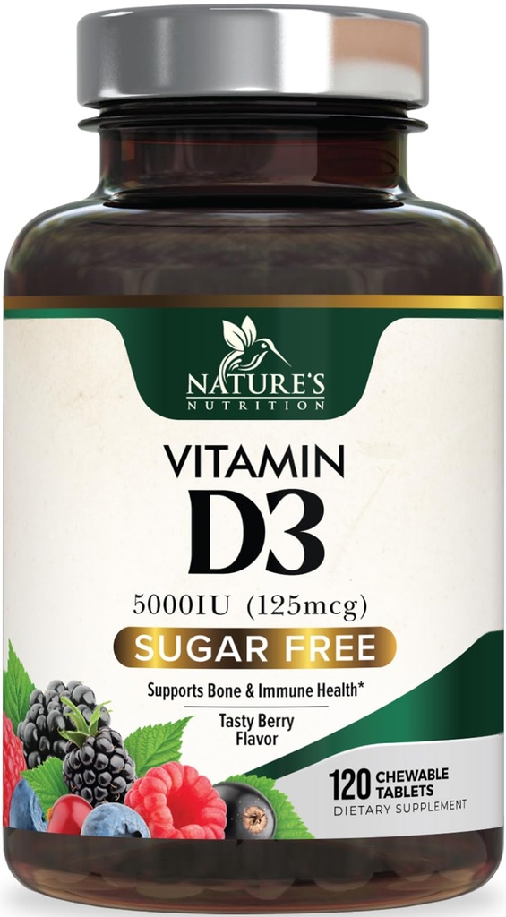 Vitamin D3 5000 IU (125mg) Naturens ekstra styrke D-vitamin Supplement Chewable for immunstøtte Helse - Bein, tenner og muskelsupplement - sukkerfri, ikke-GMO, Glutenfri - 120 Count-tabletter