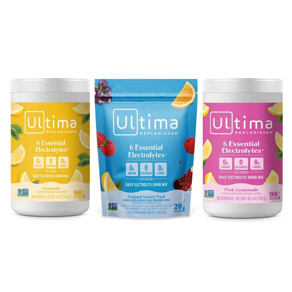 Ultima Replenisher Electrolyte Powder Drink Blande Bundle - Sukkerfri - Lemonade, Rosa Lemonade, Variety-90 Serveringer, 20 Stickpacks - 6 Electrolytes og Mineraler - Keto vennlige, Vegan, Ikke-GMO