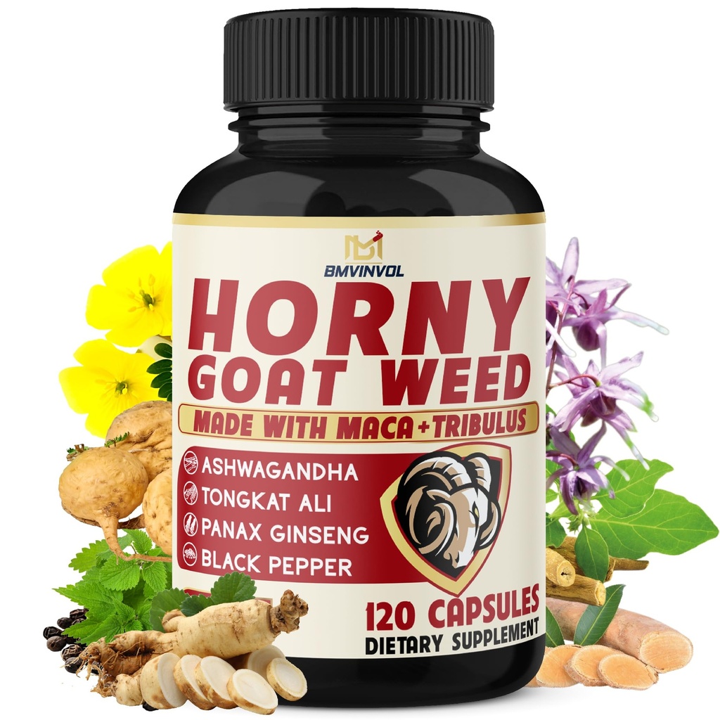 BMVINVOL Horny Goat Weed for menn og kvinner med Maca, Tribulus, Ginseng, Ashwagandha, Tongkat Ali - 120 kapsler for 4 måneders forsyning