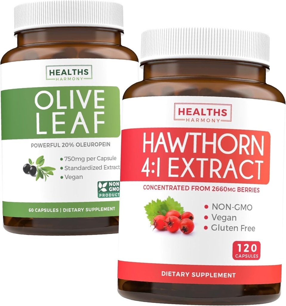 Bundle of Olive Leaf Extract & Hawthorn Berry Extarct - Sunn Herbs Bundle - Olive Leaf Extract med 20% Oleuropein & Hawthorn Berry 4:1 Extract - Konsentrert fra 2660mg Fresh Berries (120 Caps)