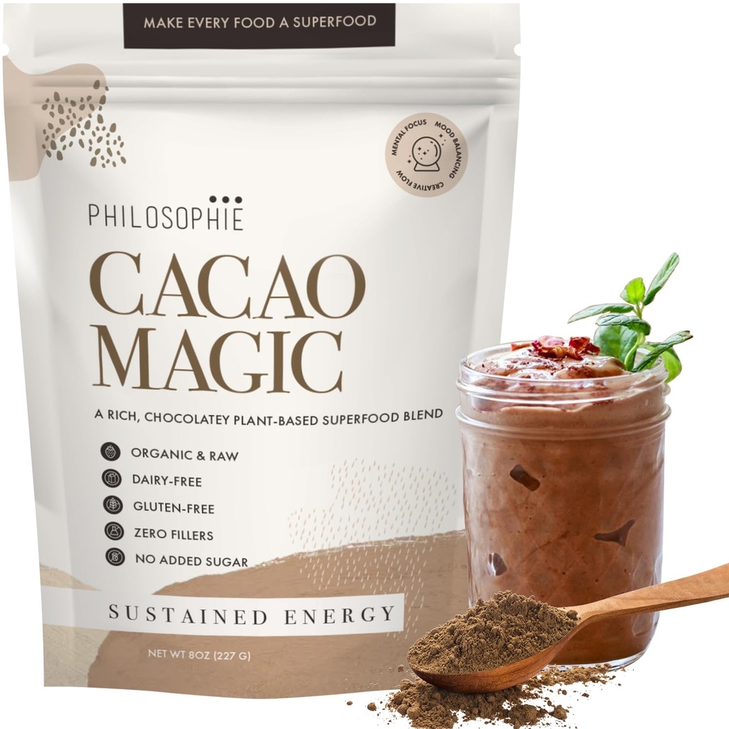 Filosofi Organic Cacao Magic Superfood Blande - Plant-basert protein pulver med rå kacao, Reishi Mushroom & Maca Root - Usweeted Vegansk sjokolade Supplement, 32 Serveringer