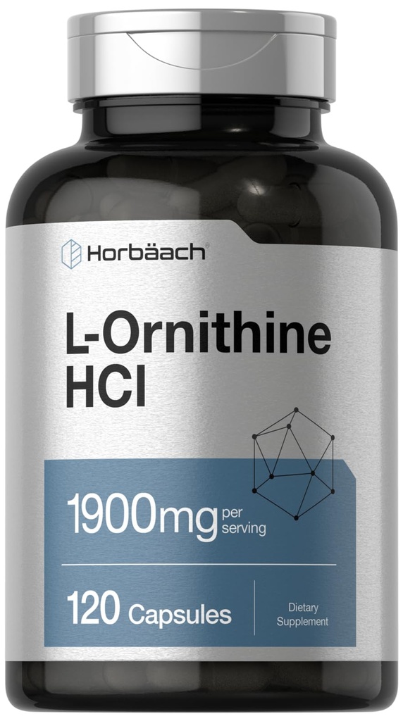 Horbäach L Ornithine HCl | 1900mg | 120 kapsler | Ikke-GMO & Glutenfri Supplement