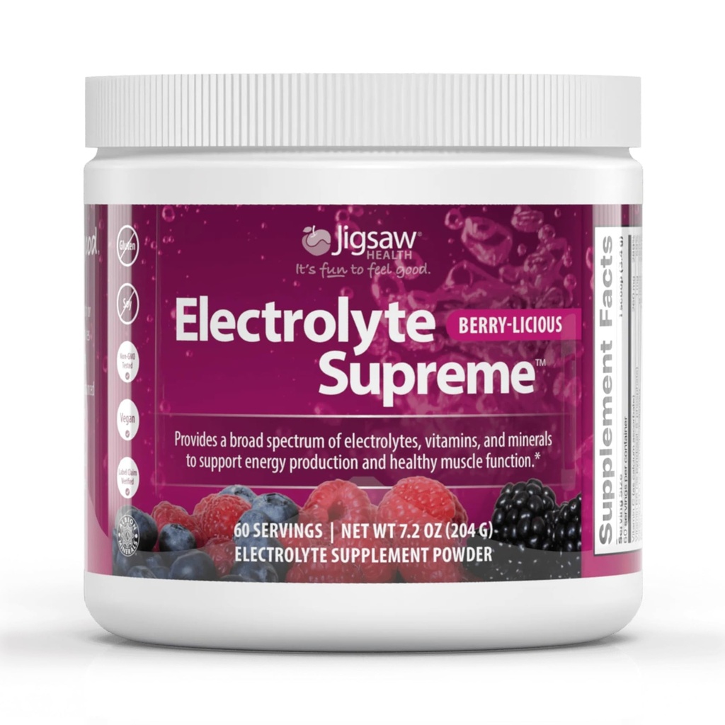 Jigsaw helse Electrolyte Supreme | bredt spektrum av elektrolyter + spormineraler | Berry-Licious flavor | 60 serveringer (Jar)