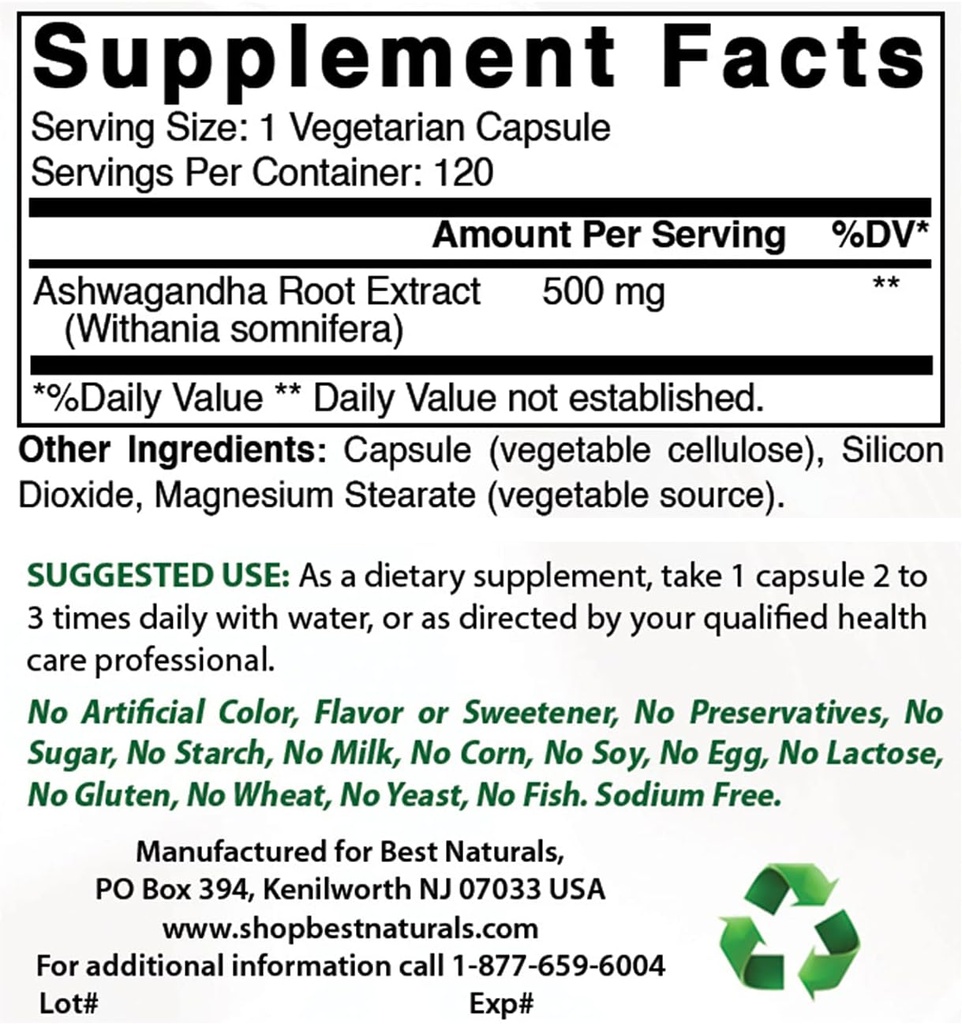 Beste Naturals Ashwagandha Extract 500 Mg & Zinc Gluconate 50 mg