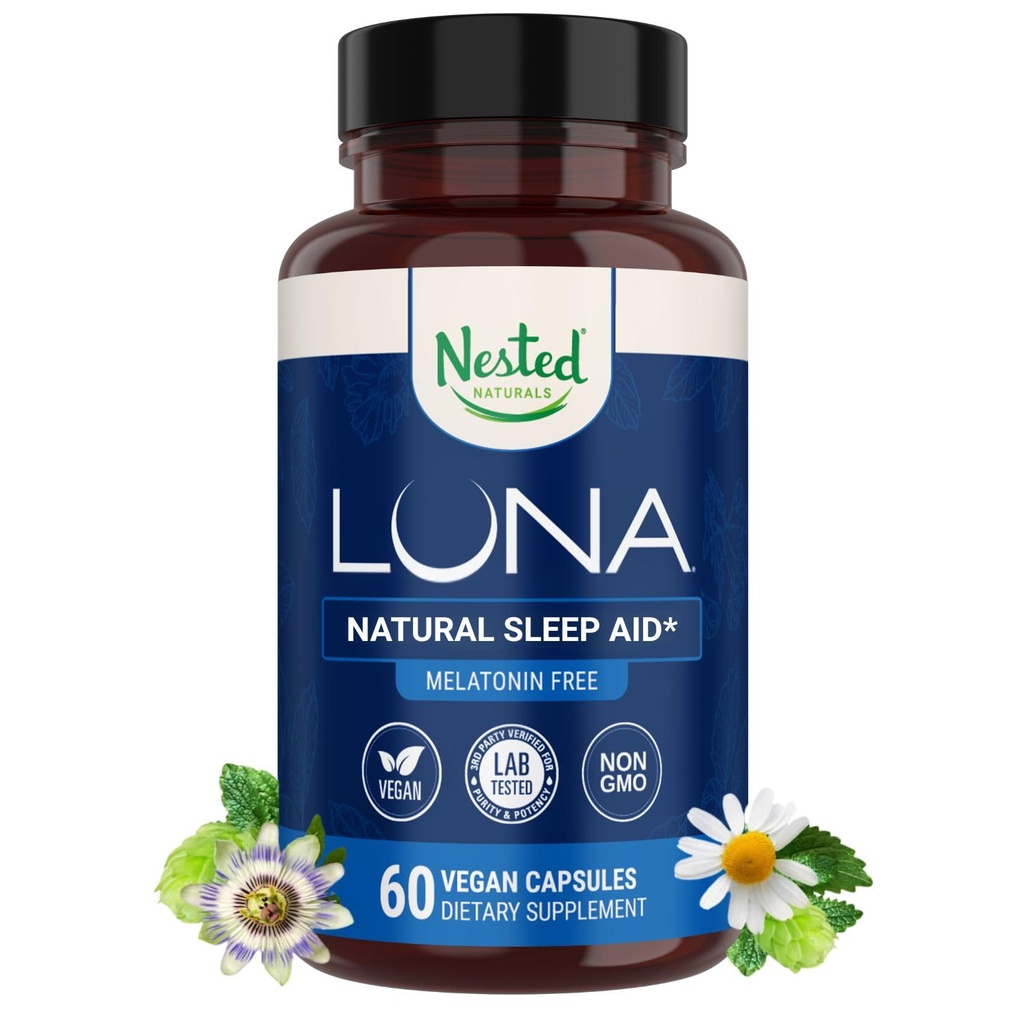 Beboet Naturals Luna Sleep Supplement, Melatonin Gratis, Ikke-Habit Forming Herbal Sleep Supplement, voksen sengetid støtte, Hjelp sove w / kamille, Valerian, L-Theanine, 60 Vegan Kapsler