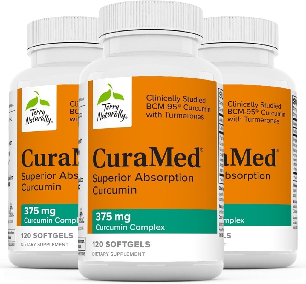 Terry Naturally CuraMed 375mg - Antioksidant Supplement for hjernen og immun helse støtte - Diett Supplement med curcumin & gurkemeie essensiell olje - Herbal Liver Support - 120 Softgels (pakke av 3)