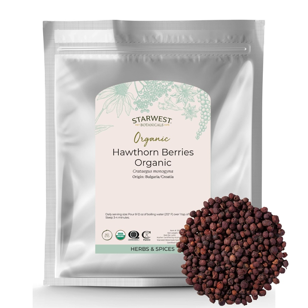 Starwest Botanicals Organic Hawthorn Berries Hele - Tørket Loose Leaf Urt for Te, Jam, & Herbal ekstrakter, Naturlig Digestion Support, Certified Kosher, Ikke-GMO - Bulk 1 lb Bag