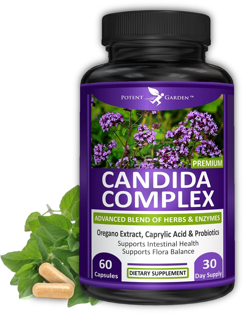 Potent Garden Candida Complex - Oregano og Caprylsyre blanding, Gut Flora Balance Complex, Intestinal Helse & Immune Support med urter og probiotika, Gut Helse Supplement for kvinner og menn 60 Count