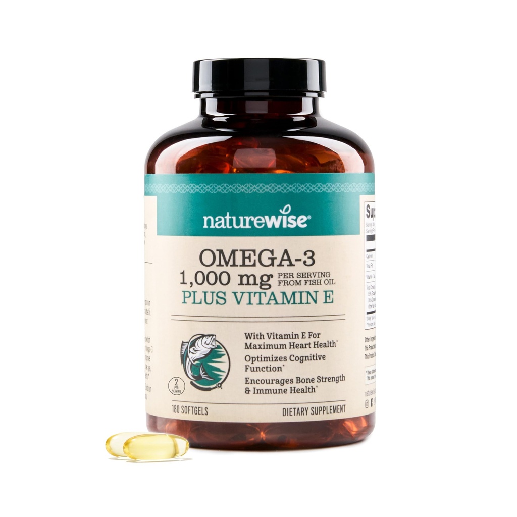 NatureWise Extra-styrke Omega 3 Fish Oil Supplement - 1000mg per servering - 600 EPA & 400 DHA og vitamin E - Støtte for hjerte og hjerne helse - sitronflavor, GMO-fri - 180 Softgels[3-måneders forsyning]