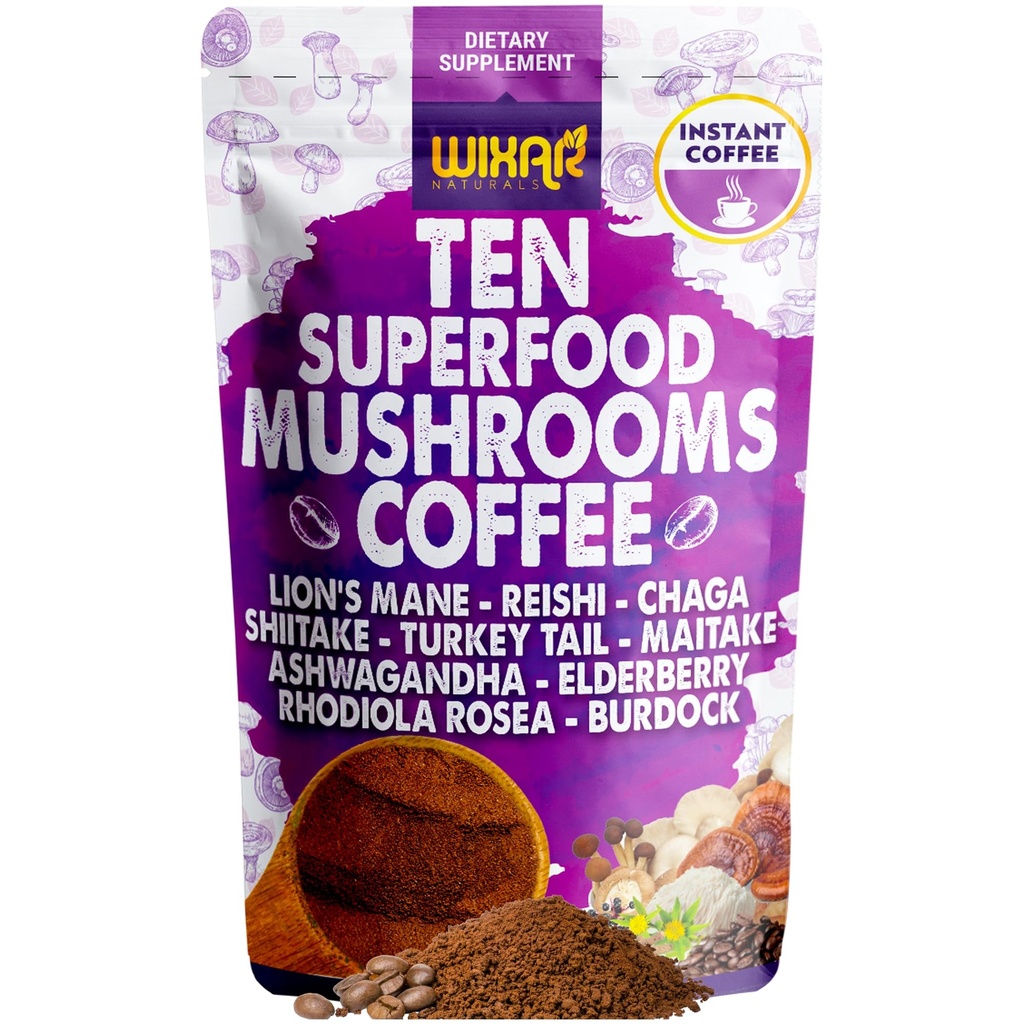 WIXAR Superfood Moshroom kaffe - Instant Coffee Powder, Ti Superfood ekstrakter med Lions Mane, Tyrkia Tail, Reishi, Chaga, Shiitake, Ashwagandha, Rhodiola Rosea, Elderberry, 5oz Mushroom Supplement