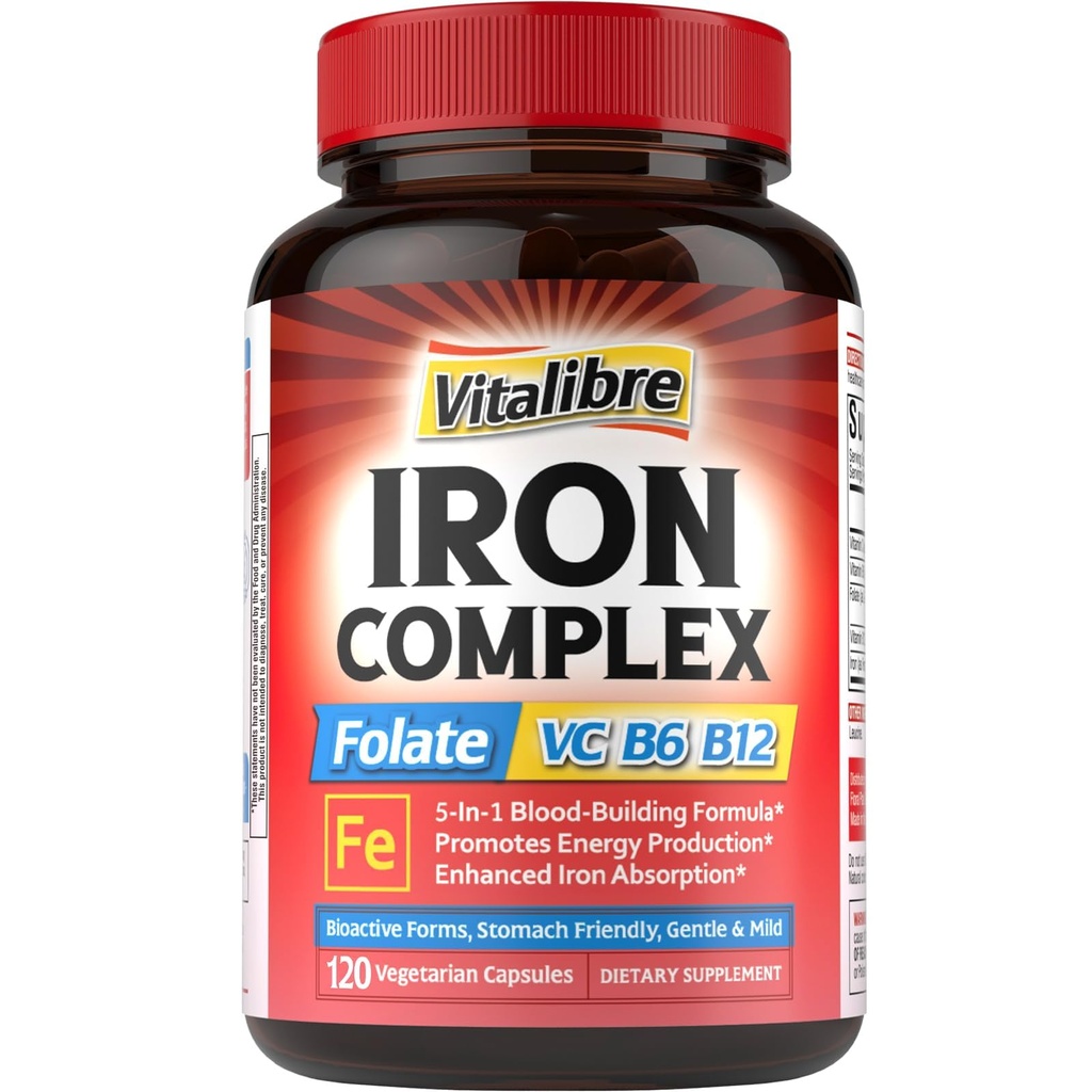 Iron Supplement for kvinner og menn, med vitaminer C, B6, B12 & Folate for jernmangel, Blood Building & Energy Support, Magevennlig, Bedre absorpsjon, Ikke-GMO, Ingen Gluten,120 Vegan Caps