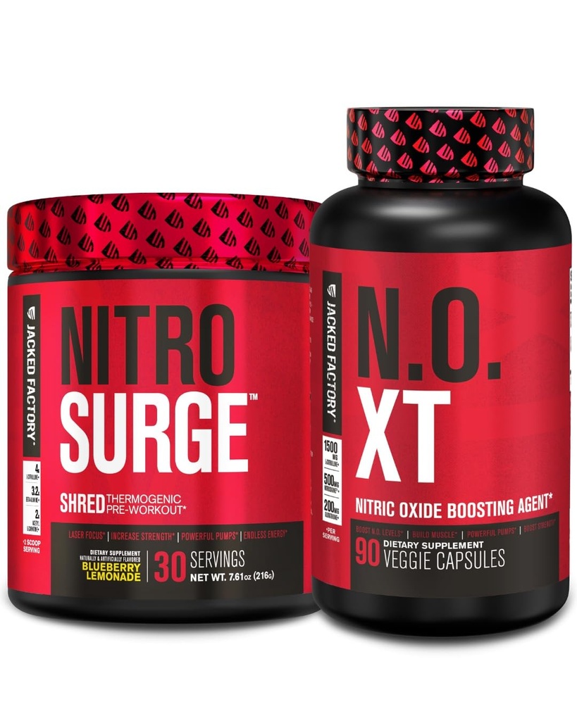 Jacked Factory Nitrosurge Shred Thermogenic Pre-Workout i Blåbær Lemonade & N.O. XT Nitric Oxid Booster for menn og kvinner