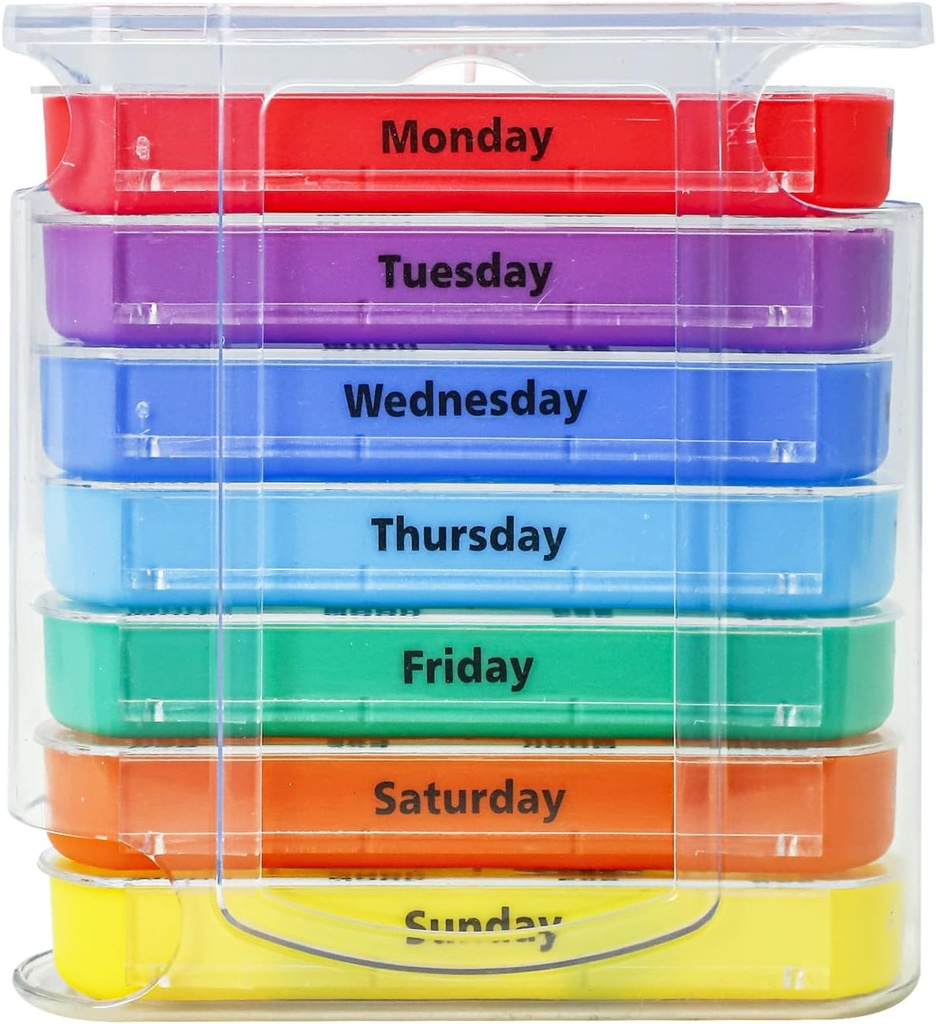 Ukelig Pill Organizer for 1 dag 4 ganger forsyning, KIGI 7 dager Stackable Pill Dispenser Vitaminer Containers (Rainbow)