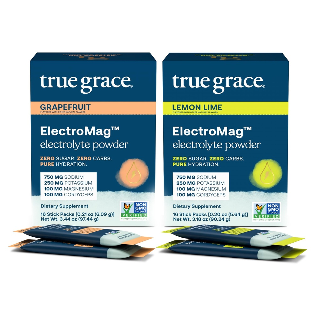 True Grace ElectroMag - Grapefrukt (16 Stick Packs) + Lemon Lime (16 Stick Packs) - Electrolyte pulver for rask hydrasjon - Null sukker og karbohydrater - ikke-GMO - 32 Total Services