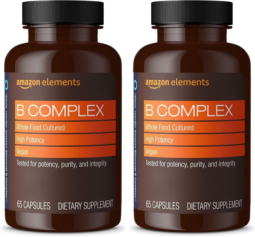 Elementer B kompleks, høy styrke, 83% Hele matkulturen, støtter immun og normal energimetabolisme, vegansk, 65 kapsler, 2 måneders forsyning (pakke May Vary) (pakke av 2)