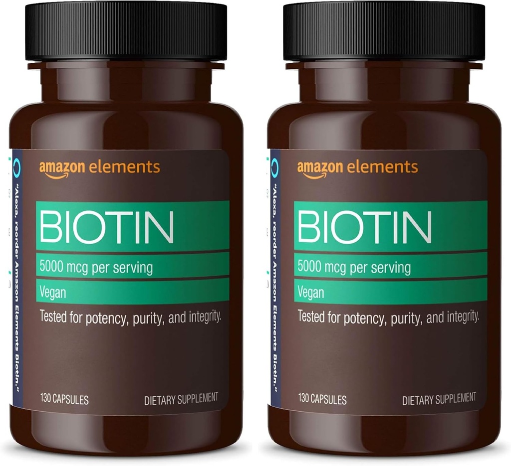 Elementer Vegan Biotin 5000 mcg - Hår, hud, negler, 130 kapsler (4 måneders forsyning) (Packing May Vary) (Pack of 2)