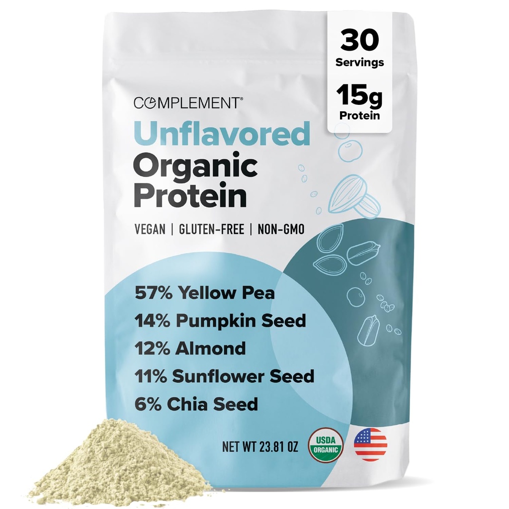 Komplement Organic Unflavored Vegansk Protein pulver (30 Serveringer) Lav karbohydrat, Lav kalorie, Sukkerfri, Soya Free, Ikke-GMO, Glutenfri, Ikke-Dampignon Yellow Pea, Pumpkin Seed- 15g Plante Basert Protein pulver