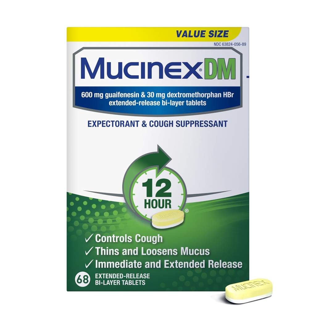 Mucinex DM 12Hr Chest Congestion & Cough medisin for voksne, kalde og cough medisin for overflødig Mucus Relief, 600 mg Guaifenesin & 30 mg Dextromethorphan HBr, 68 Bi-Layer Tabletter