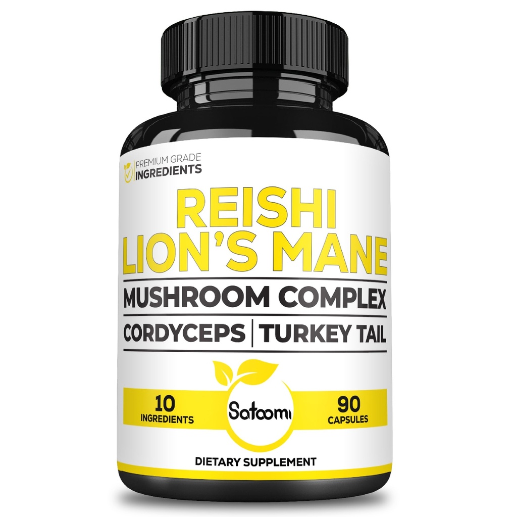 Satoomi Reishi Supplement Complex 5000Mg - 10in1 Kombinert med Lions Mane, Cordyceps Sinensis, Chaga Mushroom og andre - 90 Kapsler i 3 måneder