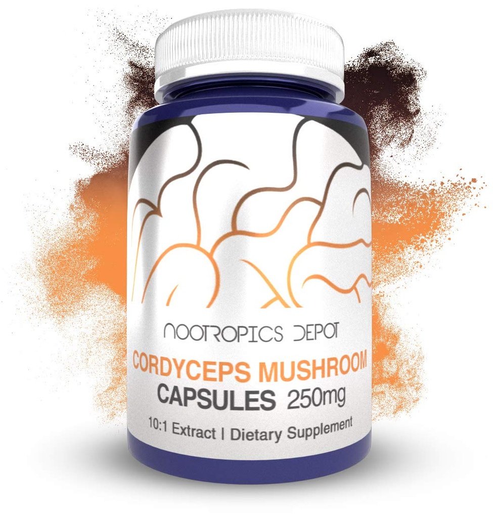 Nootropics Depot Cordyceps Mushroom Capsules 10:1 Hele frukting kroppen ekstrakt | 250 mg | 60 greve | Cordyceps militaris