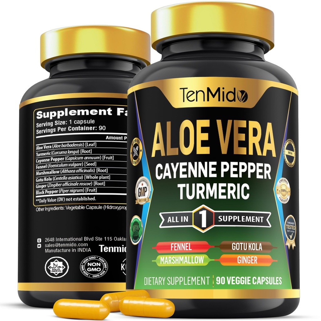 Aloe Vera Capsules Supplement - 8in1 Formula - Kombiner med gurkemeie, Cayenne Pepper, Marshmallow, Fennel, Gotu Kola, Ginger og Black Pepper - 90 Kapsler i 3 måneders forsyning