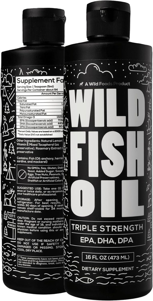 Wild Foods flytende Omega 3 Fiskeolje Supplement, sitron, 16 oz (2 pk) | Wild Fanget, Burpless, Odorless, Ikke-GMO, Glutenfri | DPA, DHA, EPA trippel styrke Omega-3 ernæring for kvinner og menn