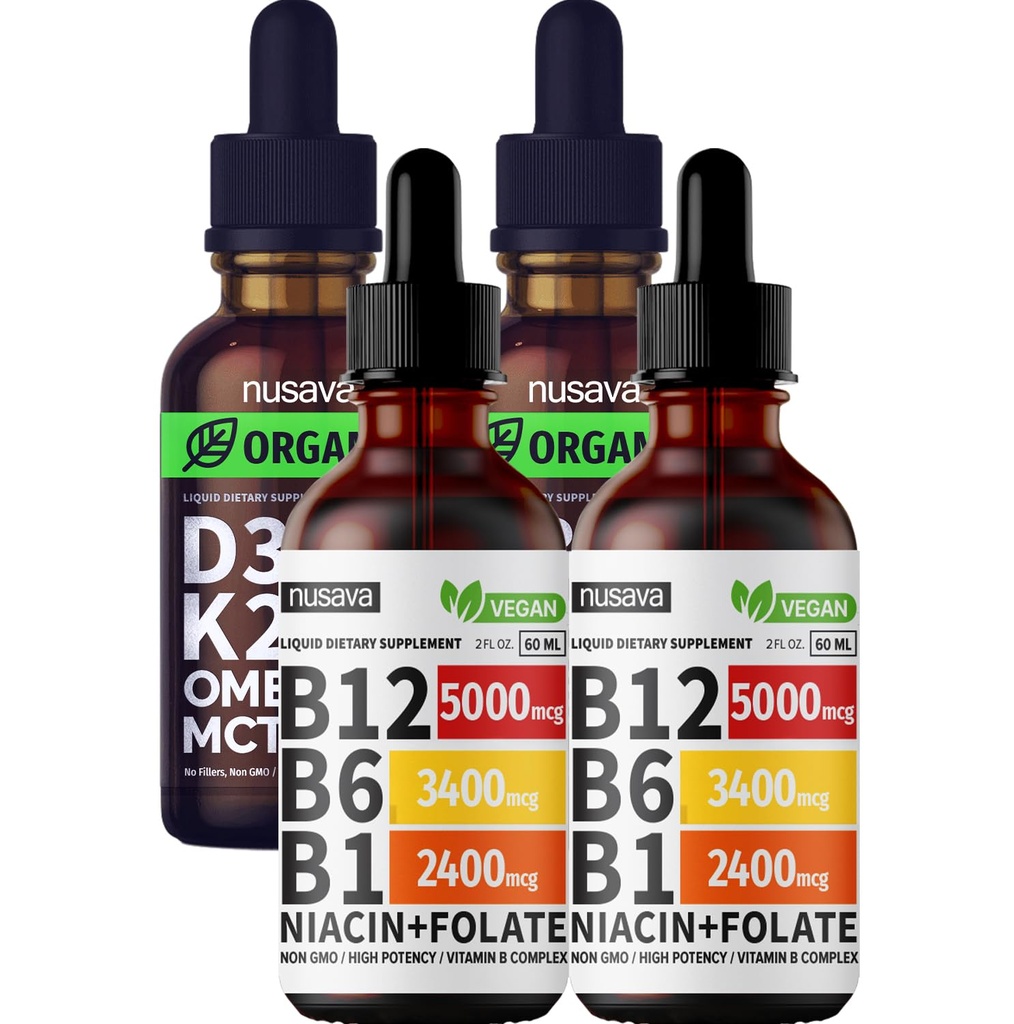 NUSAVA Vitamin B12 flytende dråper og uflekket D3 K2 Bundle - Potent flytende vitaminer for hjerte, felles, energi og immunstøtte - ikke-GMO, Glutenfri, 2pk Hver