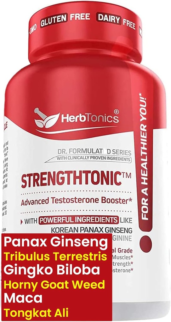 Herbtonics Testosteron Støtte Supplement for menn - koreansk Panax Ginseng & Tribulus Terrestris - Støtter sunn energi, styrke og utholdenhet - 60 vegansk kapsler