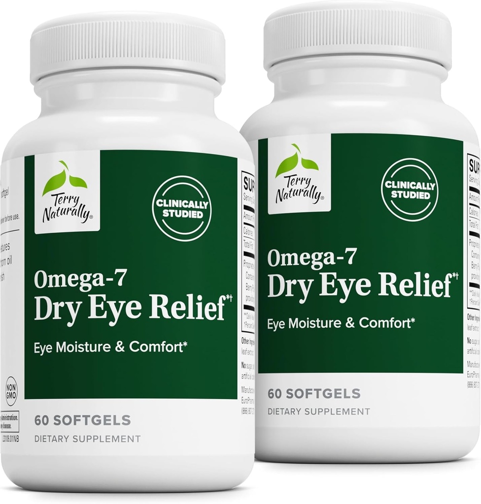 Terry Naturally Omega-7 Tørr Eye Relief - Eye Helse Supplement med Buckthorn Seed Oil - Dietary Supplement for å hjelpe Tørr Eye Relief - 60 Softgels, 2 Pack