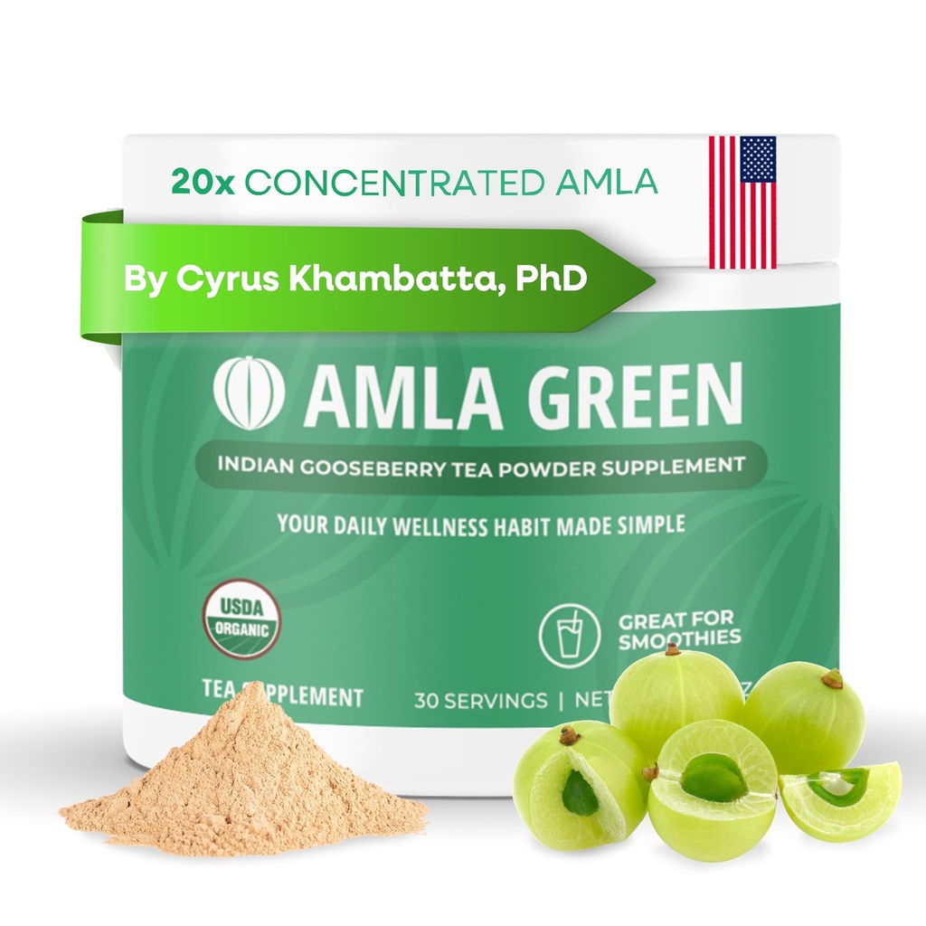 Amla Powder & Grønn Te Superfood Supplement, 20x Ultra konsentrert Amla, Antioksidant støtte, laget med Oolong te og indisk goosebær, organisk, vegansk, klassisk flavor, 30 serveringer