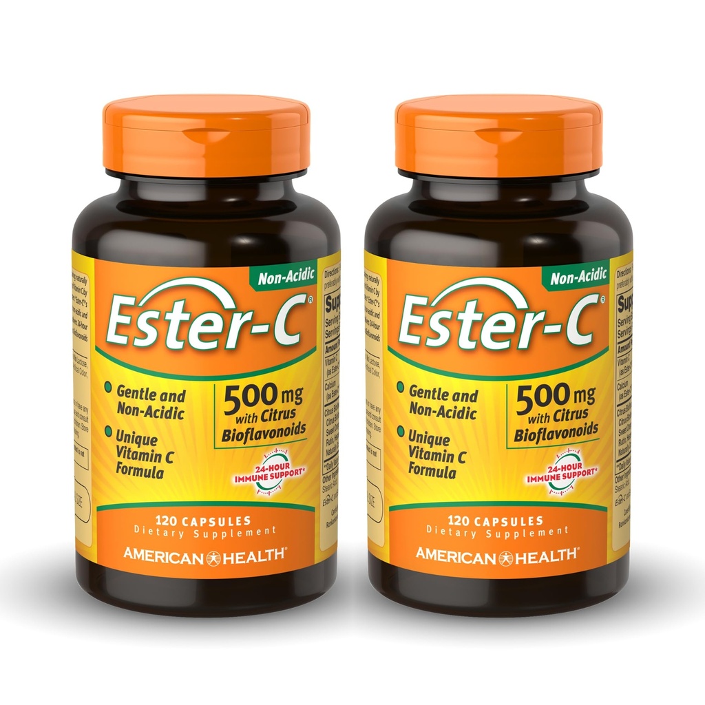 Amerikansk helse Ester-C 500 mg med Citrus Bioflavonoids - 120 kapsler (pakke med 2) - 24-timers immunstøtte - ikke-GMO, Glutenfri - 120 Total Services