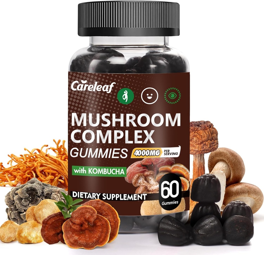 9 i 1 Mushroom Gummies med Lions Mane for fokus Supplement og energi Supplement for å støtte immunsystemet De-Stress Boost Mood & Energy 60 Count Kombucha Flavor