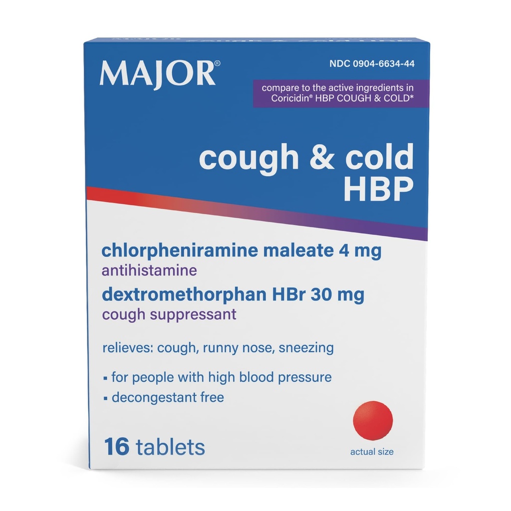 Major Cough og Cold HBP Tabletter - Antihistamin og Cough Suppressant for personer med høyt blodtrykk - Dextromethorphan HBr, klorfeniramin maleat - 16 greve (1 pakke)