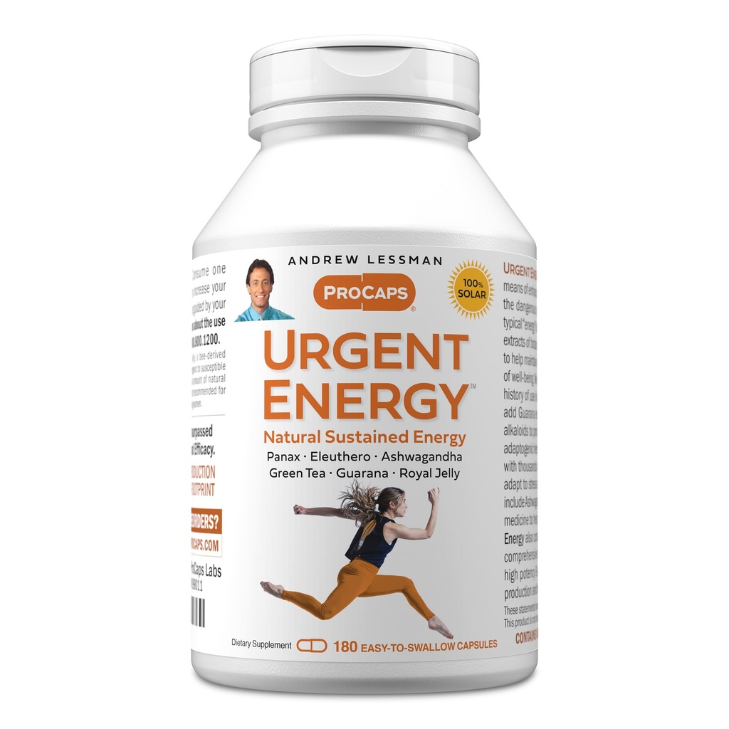 ANDREW LESSMAN urgent energi 180 kapsler - gir en sikker, sunn middel for å forbedre energinivåene og følelsene av velvære, grønn te, Guarana, Ginseng, Royal Jelly, Ashwagandha, B-Complex