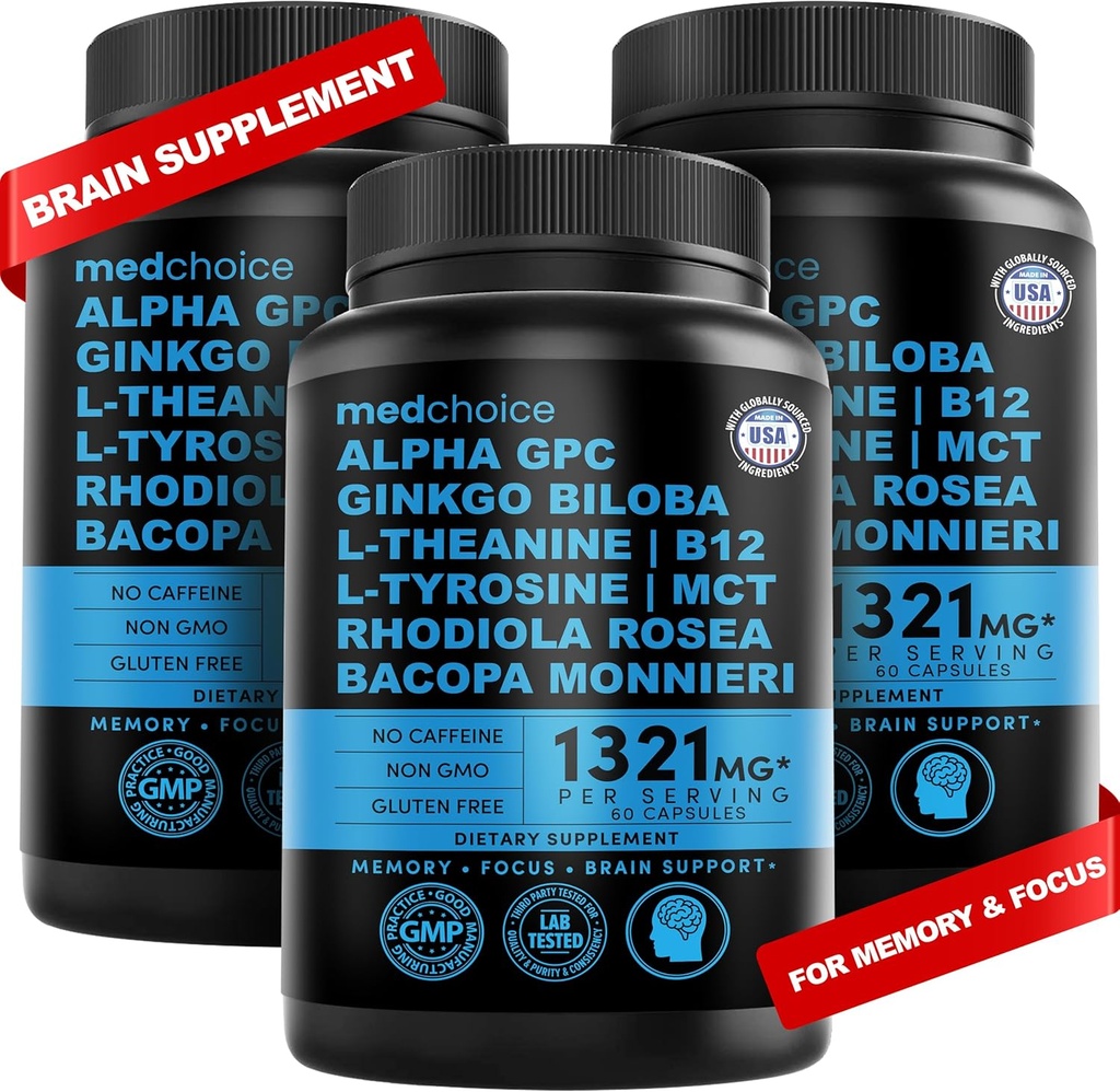 12-i-1 Nootropic Brain Supplement Anhydrous: Ginkgo Biloba for hjernestøtte, minne og fokus - B12, Alpha GPC, L Theanine og Choline Supplements med Bioperine Non Koffeinated 1321mg (180ct)