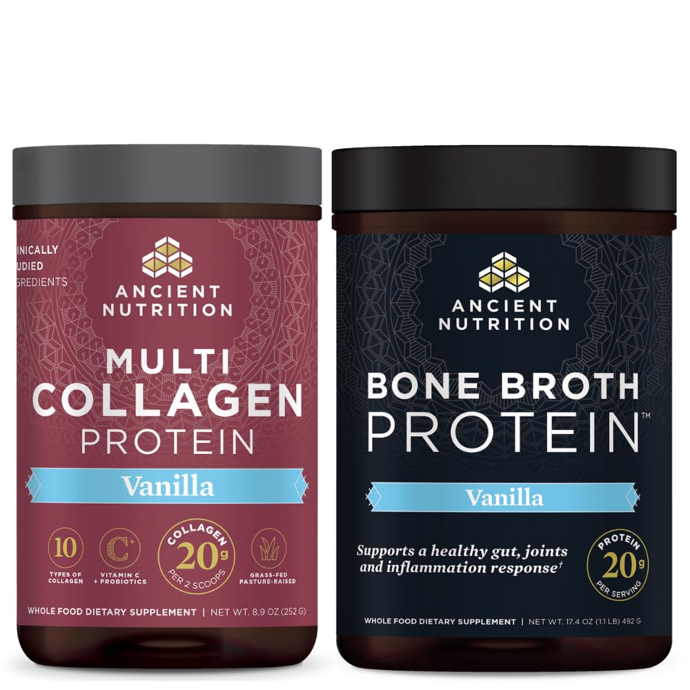 Antikk ernæring Multi collagen Protein pulver, Vanilla, 24 serveringer + Bone Broth Protein pulver, Vanilla, 20 serveringer