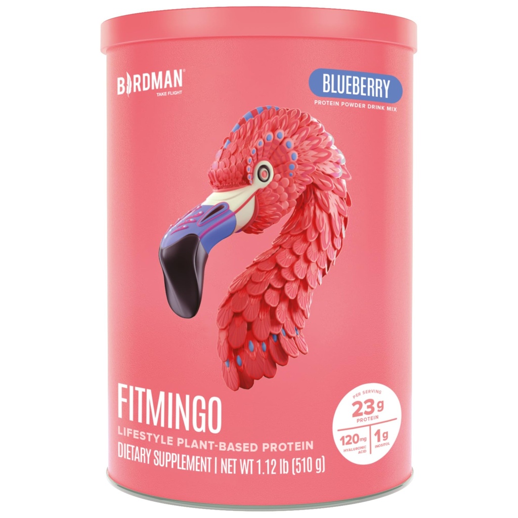 BIRDMAN Fitmingo Vegansk Protein pulver med inositol, Collagen Boosters, Hyaluronsyre og vitaminer | Lav karbohydrat, mørkefri, lav kalori | 23g Plante Basert Blåbær Protein pulver med Myo-Inositol