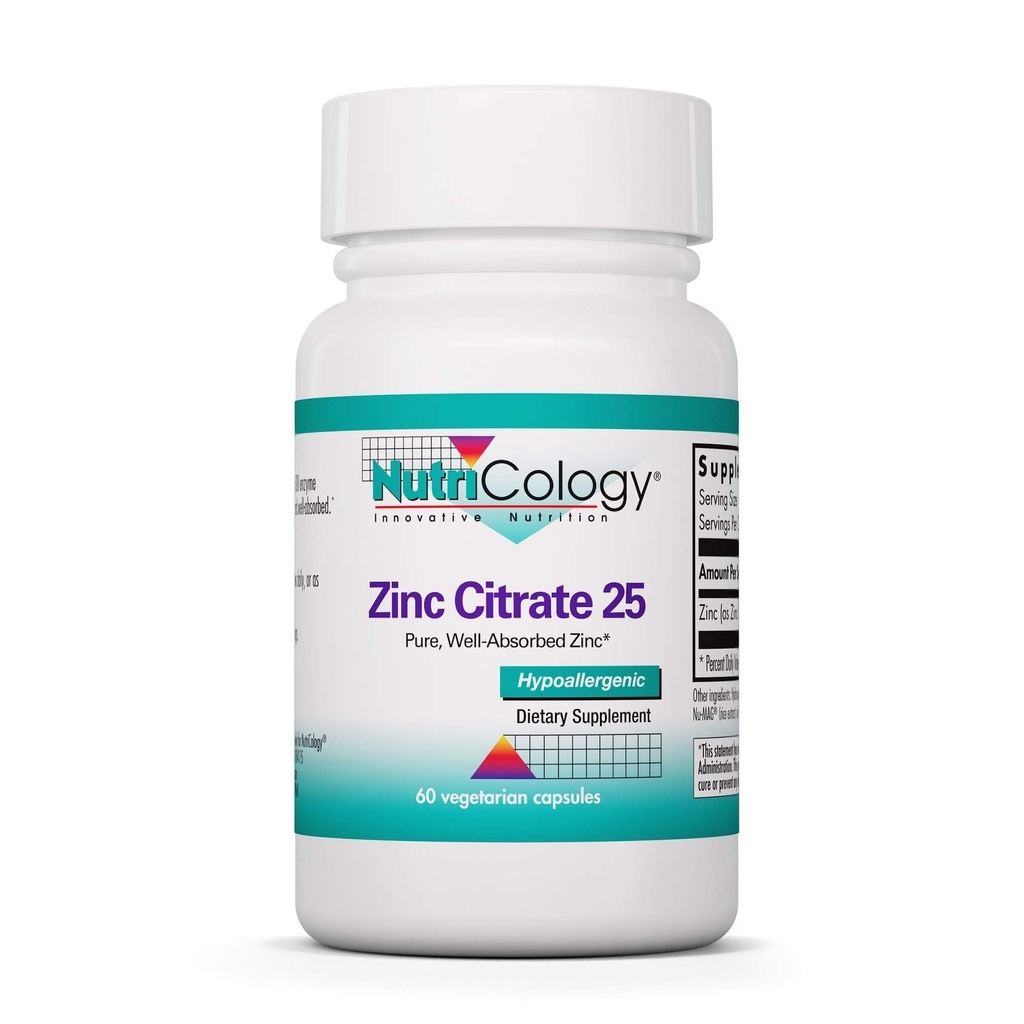 Nutricologi Sink Citrat Supplement - 25 mg Sink for menn og kvinner, immun støtte, ren, velfordelt, veltolerert, spor Mineral, vegetariske kapsler - 60 greve